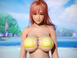 bikini bikini_top blush blushing dead_or_alive dead_or_alive_5 doahdm embarrassed embarrassed_nude_female enf honoka_(doa) huge_breasts long_hair pink_hair tight_bikini tight_clothing tight_fit