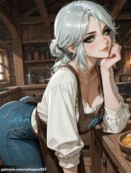 1girl ai_generated apron arlequin097 ass bent_over breasts brown_apron ciri cleavage closed_mouth collarbone counter denim green_eyes grey_hair hair_bun indoors jeans leaning_forward lips long_hair long_sleeves looking_at_viewer makeup pants scar scar_on_face shirt single_hair_bun smile solo the_witcher_(series) the_witcher_3:_wild_hunt white_hair white_shirt