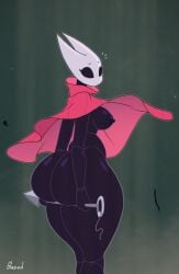 1girls 2d artist_signature barely_clothed big_ass big_butt black_skin blush breasts breasts_out cloak cute female female_only glazed_(artist) green_background holding_weapon hollow_knight hollow_knight:_silksong hollow_knight_(franchise) hornet_(hollow_knight) looking_at_viewer looking_back needle nipples outline red_cloak silk simple_background simple_shading solo solo_female thick_thighs white_mask