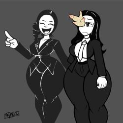 2girls alternate_version_available black_and_white black_eyes black_hair black_line_art black_lineart breasts closed_eyes clothed clothed_female coral coral_glasses curly_hair curvaceous curvy curvy_body curvy_female curvy_figure curvy_hips dream_bbq ena_(dream_bbq) ena_(series) female_focus grey_background happy imscared jacket lesbian medium_breasts mrdrezq nervous nose open_mouth open_smile pale-skinned_female pale_skin pants restorer_(imscared) standing suit suit_and_tie suit_jacket thick_thighs thighs tie tight_clothes tight_clothing tight_fit white_line_art white_skin