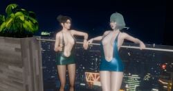 2girls 3d 3d_(artwork) belly_piercing dead_or_alive dead_or_alive_xtreme_venus_vacation female female_focus female_only glass glass_cup glasses momiji_(ninja_gaiden) ninja_gaiden outdoors outside tamaki_(doa)
