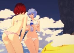 3d 3d_render ass ass_focus blue_hair crossover kairi_(kingdom_hearts) kingdom_hearts koikatsu neon_genesis_evangelion pink_bikini red_eyes red_hair rei_ayanami sky sports_car suds water_bottle white_bikini