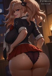 1girl ai_generated artist_name ass bear_hair_ornament big_hair black_choker black_clothes black_panties black_shirt blonde_hair blue_eyes bow breasts character_name choker clothing curvy danganronpa danganronpa:_trigger_happy_havoc danganronpa_(series) duxvector enoshima_junko female from_behind grin hair_ornament huge_ass huge_breasts indoors junko_enoshima large_breasts long_hair looking_at_viewer looking_back microskirt miniskirt moon necktie night panties pantsu parted_lips pleated_skirt red_bow red_skirt shirt skirt sleeves_rolled_up smile solo thick_thighs thighs tongue tongue_out twintails underwear upper_teeth_only white_necktie window