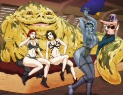 asari big_breasts black_hair_female blue_skinned_female chain_leash chains choking cleavage commander_shepard fanning_slave freckles_on_face grabbing_collar harem_girl harem_outfit harem_pants huge_breasts hutt jabba_the_hutt large_breasts liara_t'soni looking_at_another masked_female mass_effect massive_breasts miranda_lawson oola_(cosplay) quarian red_hair sail_barge short_hair side_by_side sitting_on_lap slave slave_bikini slave_collar slave_girl slave_leia_(cosplay) slave_outfit slavegirl slavegirls smiling smirking_at_another tali'zorah_nar_rayya tentacle_hair visible_nipples voluptuous_female