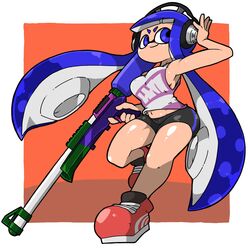 1girls ass blue_eyes blue_hair clothing headphones headphones_(splatoon) headphones_chan inkling inkling_girl nintendo no_bra omoitukan2 short_shorts smiling splatoon splatoon_(manga) tank_top tentacle_hair thick_thighs tight_clothing weapon