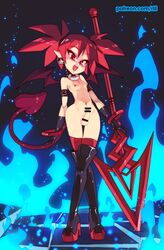 1futa absurdres areolae balls bar_censor black_footwear black_gloves blue_fire boots breasts censored collar commentary crossed_legs demon_girl demon_tail demon_wings disgaea earrings etna female fire full_body futa_only futanari gloves high_heel_boots high_heels highres humanoid jewelry looking_at_viewer nipples nippon_ichi_software nude pale_skin penis planted_weapon pointy_ears polearm red_eyes red_hair red_legwear rtil skull_earrings small_breasts solo solo_futa spear standing tail testicles thigh_boots thigh_gap thighhighs thighhighs_under_boots twintails watson_cross weapon wings