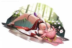 1girl ai_generated bare_shoulders blush breasts detached_sleeves dildo flower fox_ears genshin_impact hair_between_eyes heart hetero hi_res high_quality high_resolution japanese_clothes large_breasts long_hair lying nipples no_panties on_back open_mouth patreon pink_hair saliva sandals seductive sex_toy sexy solo thigh_strap tongue tongue_out uncensored watermark yae_miko yae_sakura