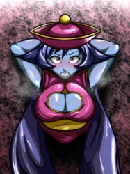 1girls armpit_showing arms_behind_back big_breast boob_window capcom chinese_clothes darkstalkers facing_viewer hsien_ko imminent_sex jiangshi jiangshi_costume lei_lei oppaotintin stuck_in_wall textless