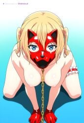 1girl adult ai_assisted ai_generated anime_coloring anime_screenshot beautiful blond blonde_hair blue_eyes collar gold_chain hair_down hands_between_legs illustration knees_apart latex_mask leash_in_mouth looking_at_viewer looking_over_shoulder medium_hair naked no_background nude official_art on_knees red_collar seductive_face sexually_suggestive sexy_pose short_girl showing_ass slender_body small_boobs thigh_cuffs twintails view_from_behind white_background