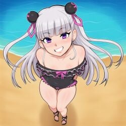 ai_generated arms_behind_back bare_shoulders beach blush clenched_teeth cute feet flat_chest flirting_look flirting_with_viewer foreshortening frilled_swimsuit from_above hair_ornament head_tilt long_hair looking_at_viewer naruse_maria one-piece_swimsuit open_mouth petite petite_body petite_breasts petite_female purple_eyes sandals seductive seductive_look seductive_smile self_upload shinmai_maou_no_testament small_breasts smile solo solo_female swimsuit thighs white_hair
