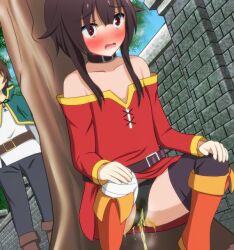 against_tree black_panties blush blushing kono_subarashii_sekai_ni_shukufuku_wo! megumin natsuhime-hime natsuhime_(pixiv228471) need_to_pee omorashi panties peeing peeing_self peeing_through_clothing peeing_through_panties satou_kazuma tagme wetting wetting_clothing wetting_panties wetting_self