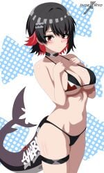 1girl absurdres bikini black_bikini black_hair blush breasts colored_inner_hair commentary cow_print_choker ellen_joe english_commentary fins fish_tail hands_on_own_chest highres indexxryo large_breasts looking_at_viewer mole mole_under_eye multicolored_hair red_eyes red_hair scar scar_on_tail shark_girl shark_tail simple_background solo swimsuit tail thigh_strap two-tone_hair white_background zenless_zone_zero
