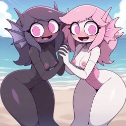 2girls ai_generated alien alien_girl black_body duplicated_character original_character pink_eyes waifu waifu_night white_body