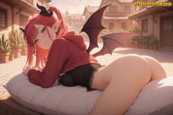1girl ai_generated ass black_horns blunt_bangs blush bookshelf bottomless breasts building camisole closed_mouth cropped_hoodie demon_girl demon_horns demon_wings frills from_side green_eyes hair_ornament hood hood_down hoodie horns house indoors kitagawa_marin large_breasts liz-kyun long_hair long_sleeves looking_at_viewer looking_back lying marin_kitagawa medium_breasts my_dress_up_darling nail_polish nivora on_stomach outdoors pillow plant pointy_ears potted_plant red_hair red_hoodie red_nails shirt smile solo sono_bisque_doll_wa_koi_wo_suru thighs town two_side_up wings