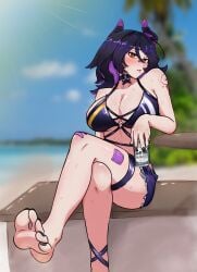 1girl 1girls absurdres arm_tattoo bandaid bandaid_on_face bandaid_on_leg bandaid_on_nose beach big_breasts bikini black_hair black_nails breasts can choker cleavage colored_inner_hair crossed_legs demon_girl demon_horns feet female highres holding holding_can horns indie_virtual_youtuber large_breasts looking_at_viewer medium_hair multicolored_hair outdoors purple_bikini purple_hair purple_horns rainhoe sachiihappy shorts sitting soles solo striped_bikini striped_clothes sweat swimsuit tattoo thigh_strap thighs tits virtual_youtuber vtuber yellow_eyes