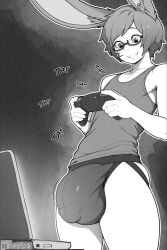 1boy 1boys 1femboy big_cock big_penis black_and_white bulge bunny_ears controller femboy gaming genital_piercing glasses greyscale huge_cock hung_femboy lagomorph lagomorph_humanoid skibby solo solo_male soskibby taiyo_akari tank_top