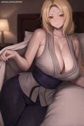 1girl ai_generated bangs bare_shoulders blonde_hair blush breasts brown_eyes cleavage facial_mark forehead_mark hi_res high_quality high_resolution indoors japanese_clothes long_hair looking_at_viewer naruto parted_bangs patreon patreon_username seductive sexy sleeveless smile tsunade uncensored watermark