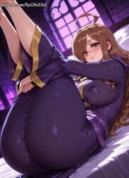 1girl 2026 ahoge ai_generated anime ass bangs bed blush boobs breasts brown_eyes brown_hair buttocks cleavage closed_mouth covered_nipples crossover dress eye_contact female female_focus flushed hair_over_one_eye highres huge_breasts indoors inside kono_subarashii_sekai_ni_shukufuku_wo! konosuba large_breasts legs_up long_hair long_sleeves looking_at_viewer lying neutral_expression nsfw on_back on_bed patreon patreon_username robe rognezart smile smiling solo thick_thighs thighs very_long_hair window wiz_(konosuba)