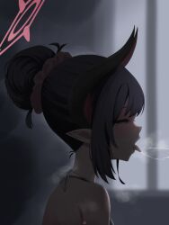 1girl 1girls after_blowjob after_fellatio artist_request blue_archive blush blushing blushing_female chiaki_(blue_archive) cropped_torso dark_room hair hair_bun half-closed_eyes horns implied_fellatio nape pink_eyes pointy_ears purple_hair saliva saliva_bridge solo solo_female solo_focus steaming_body steamy_breath tearing_up tears tongue tongue_out