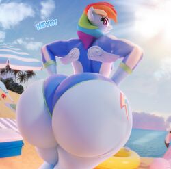 1girls 3d absurd_res alternate_breast_size anthro anthrofied ass ass_focus back_view backboob beach bent_over big_ass blue_body breasts bubble_ass bubble_butt cleavage clothed clothing curvaceous curvy curvy_figure cutie_mark dialogue digital_media_(artwork) earth_pony english_text equid equine eyebrows eyelashes fat_ass female female_focus female_only freckles_on_ass friendship_is_magic fur furry green_eyes hasbro headgear headwear hi_res hourglass_figure looking_at_viewer looking_back mammal motion_lines multicolored_hair my_little_pony partially_clothed plump rainbow_dash_(mlp) smile smiling_at_viewer snuddy solo text thick_thighs voluptuous voluptuous_female wide_hips