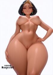 1girl ai_generated artist_name black_hair blonde_hair breasts brown_eyes cleft_of_venus closed_mouth completely_nude dark-skinned_female dark_skin domina earrings explicit from_below hand_on_hip jewelry large_breasts lips looking_at_viewer looking_down multicolored_hair navel nipples nuageeart nude overwatch overwatch_2 pussy short_hair simple_background smile solo thick_thighs thighs two-tone_hair uncensored vaira_singhania white_background wide_hips