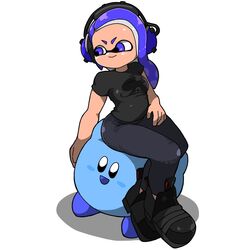 1girls black_clothing crossover headphones inkling inkling_girl kirby kirby_(series) nintendo omoitukan2 purple_eyes purple_hair sitting_on_kirby sitting_on_person splatoon splatoon_2 tight_clothing