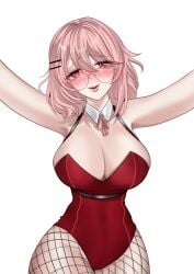 1girls armpits arms_up big_breasts black_fishnets black_harness blush blush_lines blushing blushing_at_viewer bnvt breasts bruneian bruneian_vtuber bunnysuit cleavage daldalezz elost_vt_(bnvt) eyeglasses female female_only fishnet_legwear fishnet_stockings fishnets glasses hairclip harness indie_virtual_youtuber indie_vtuber large_breasts medium_hair open_smile peach_hair pink_eyes reaching_towards_viewer red_bunnysuit slim_waist smiling_at_viewer solo solo_female squished_breasts tired_eyes virtual_youtuber vtuber