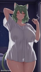 1girl ai_generated animal_ear_fluff animal_ears arm_behind_head arm_up breasts cat_ears cat_girl cat_tail cigarette collarbone covered_nipples cowboy_shot green_hair hair_between_eyes holding holding_cigarette huge_breasts indoors large_breasts looking_at_viewer medium_hair naked_shirt night night_sky nipples orange_eyes parted_lips see-through see-through_shirt see-through_silhouette shirt short_hair short_sleeves sky smile smoke smoking solo star_(sky) starry_sky tail thigh_gap thighs white_shirt window yani_neko yani_neko_(yani_neko) yaniko_satou