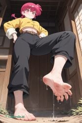 1girl 2 ai_assisted ai_generated barefeet belt big_feet black_pants braided_ponytail chinese_clothes dark_skin dirty_feet dynamic_pose from_below full_body hands_on_hips long_sleeves long_toes looking_at_viewer medium_breasts navel pink_eyes presenting_foot ranma_saotome red_hair single_braid smile sole_focus solo standing standing_on_one_leg stinky_feet sweaty_feet twintails yellow_jacket