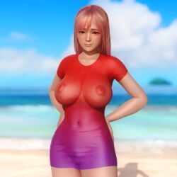 areolae dead_or_alive dead_or_alive_5 doahdm embarrassed embarrassed_nude_female enf honoka_(doa) huge_breasts long_hair nipples pink_hair public public_nudity pussy see-through see-through_clothes see-through_clothing transparent_clothing wardrobe_malfunction