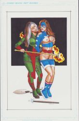 2girls breast_grab breasts brown_hair cindy_burman dc_comics defeated defeated_heroine enemies female female_only femdom femsub lesbian lezdom nipples pubic_hair pussy rebecca_(artist) shiv_(dc) stargirl traditional_media_(artwork) villain_on_heroine villainess_on_heroine