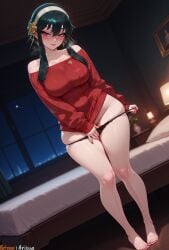 1girl 1girls 2025 ai_generated anime anime_girl anime_style arisua artist_name bangs bare_shoulders barefoot bed bedroom big_breasts black_hair black_panties blush boobs breasts cleavage curvy curvy_body curvy_female dress earrings flower full_body gold_earrings hairband hi_res high_quality high_res high_resolution highres indoors jewelry lamp large_breasts long_hair looking_at_viewer nail_polish night off-shoulder_sweater off_shoulder on_bed panties panty_pull patreon patreon_username picture_frame pulled_by_self red_eyes red_lips red_nails red_sweater seductive_smile short_hair_with_long_locks sidelocks skindentation smile solo spy_x_family standing sweater sweater_dress thighs toenail_polish toenails toes uncensored underwear watermark window yor_briar yor_forger yor_forger_(spy_x_family)