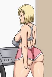 1girls android_18 animated animated_gif ass blonde_hair blue_eyes booty_shorts bouncing_breasts breasts dat_ass dimples_of_venus dragon_ball dragon_ball_z earrings exercise female female_only gif huge_ass huge_breasts long_breasts pink_shorts pinkpawg short_hair short_shorts shorts shoulder_blades shounen_jump sideboob solo sports_bra tank_top treadmill walk_cycle walking wide_hips workout workout_clothes yoga_shorts