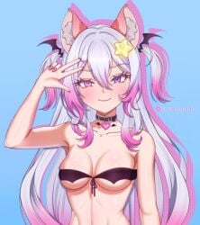 1girl 1girls animal_ear_fluff animal_ears annytf belt_buckle belt_collar bikini black_bikini black_collar blue_background blue_eyes breasts buckle cat cat_ears closed_mouth collar colored_tips commentary double-parted_bangs eyelashes female front-tie_bikini_top front-tie_top gradient_hair grey_hair hair_between_eyes hair_ornament hand_up heart_pendant heterochromia highres long_bangs long_hair looking_at_viewer medium_breasts multicolored_hair namiriart pink_eyes self-upload simple_background smile solo star_(symbol) star_hair_ornament straight_hair strapless strapless_bikini swimsuit tits two_side_up upper_body virtual_youtuber vtuber
