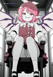 1girl ai_assisted ai_generated anime_screencap beautiful bird_ears bird_wings brown_eyes day dress general grayscale grin high_contrast highres indoors looking_at_viewer mystia_lorelei no_nose perfect_anatomy pink_hair pussy screencap sharp_teeth short_hair sitting_on_chair slit_pupils smug socks upskirt_view white_wings