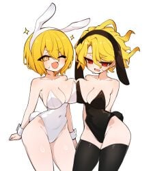 2girls artist_request bloodfiend breast_to_breast breasts bunny_ears bunnysuit don_quixote_(limbus_company) fang female female_only hips limbus_company mouth_open multiple_girls navel navel_visible_through_clothes project_moon red_eyes same_person sancho_(limbus_company) sweatdrop yellow_eyes yellow_hair