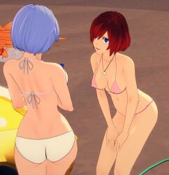 3d 3d_render ass big_breasts blue_eyes blue_hair car hose kairi_(kingdom_hearts) kingdom_hearts koikatsu leaning_forward necklace neon_genesis_evangelion orange_hair pink_bikini red_hair rei_ayanami sand strelitzia_(kh) strelizia water_bottle white_bikini