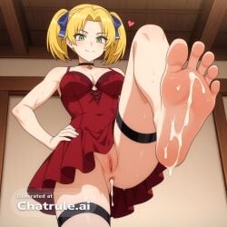 1girl 5_toes after_anal ai_assisted ai_generated anime_screencap anus barefoot black_choker blonde_hair breasts choker cleavage clothed clothing covered_navel cum cum_in_ass cum_inside cum_on_body cum_on_feet cumdrip dress feet female female_focus foot_fetish foot_focus foreshortening freckles from_below green_eyes hair_ribbon hand_on_own_hip heart long_hair looking_at_viewer looking_down_at_viewer medium_breasts no_panties no_underwear pussy red_dress short_twintails smile soles solo solo_focus standing standing_on_one_leg sweat thigh_strap toes