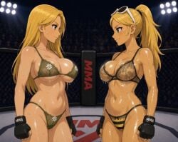 2026 2girls ai_generated anime_style artist_request before_fight big_breasts blonde_hair chloe_bourgeois cornelia_hale facing_another facing_each_other fanart_from_twitter female_only fight fighting_ring fingerless_gloves glasses glasses_on_head green_lingerie lace-trimmed_bra lace-trimmed_panties lace_trim light-skinned_female light_skin lights lingerie long_hair looking_at_another miraculous_ladybug mma people_in_background ponytail queen_bee_(miraculous_ladybug) striped_panties twitter_link unknown_artist w.i.t.c.h. western_cartoon wet_body