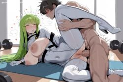 1boy 1girl ai_generated bangs black_hair blush bodysuit boots breasts breasts_outside c.c. cc covered_navel eyebrows_visible_through_hair fujimaru_ritsuka_(male) gloves green_hair heart heart-shaped_pupils hetero hi_res high_heel_boots high_heels high_quality high_resolution large_breasts leg_lift leg_up long_hair lying nipples on_side open_mouth patreon penis pussy seductive sex sexy spread_legs sweat symbol-shaped_pupils thigh_boots thighhighs thighs uncensored vaginal watermark white_legwear yellow_eyes