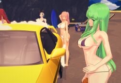 ass beach big_ass big_breasts black_bikini_top black_hair cooler dc_comics dead_or_alive green_eyes green_hair honoka_(doa) koikatsu morrigan_aensland pink_hair purple_bikini raven_(dc) sponge sports_car starfire suds surfboard teen_titans white_bikini