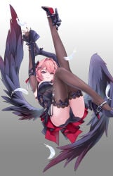 1girls big_breasts black_panties black_thighhighs black_underwear black_wings breasts clothes_lift eretto female hoyoverse large_breasts long_hair mihoyo panties pantyshot pantyshot_(lying) pink_eyes pink_hair pointy_ears remielle_dan remielle_dan_(moonlight_whispers) thighhighs underwear upskirt wings zenless_zone_zero