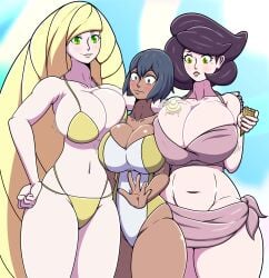 3girls aether_foundation_employee aether_foundation_employee_(female) bikini bikini_bottom bikini_top black_eyes black_hair blonde_hair blush bottomwear cleavage female female_only game_freak green_eyes hair hand_on_shoulder headwear hips ice_cream ice_cream_cone ice_cream_on_breasts justdrawingjake lips long_hair lusamine_(pokemon) mature mature_female mature_woman milf mother pokemon pokemon_sm purple_bikini purple_hair sarong short_hair swimsuit swimwear topwear wicke_(pokemon) yellow_bikini