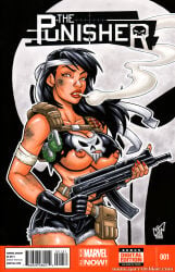 1girls big_breasts black_hair breasts cigarette female garrett_blair genderswap genderswap_(mtf) gun headband marvel nipples punisher_(francis_castle) smoking solo traditional_media_(artwork)