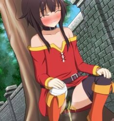 against_tree black_panties blush eyes_closed kono_subarashii_sekai_ni_shukufuku_wo! megumin natsuhime-hime natsuhime_(pixiv228471) need_to_pee omorashi panties peeing peeing_self peeing_through_panties tagme wetting wetting_panties wetting_self