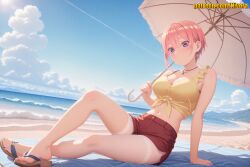 1girl ai_generated arm_support bare_arms bare_legs bare_shoulders beach beach_towel beach_umbrella blanket blonde_hair blue_eyes blue_sky blush bra bra_peek breasts cleavage closed_mouth cloud collarbone contrail crop_top day earrings feet flip-flops frills full_body go-toubun_no_hanayome hair_between_eyes holding holding_umbrella horizon ichika_nakano jewelry knee_up large_breasts leaning_back legs looking_at_viewer medium_breasts midriff nail_polish nakano_ichika navel necklace nivora ocean outdoors pantyhose parasol pink_hair red_shorts sand sandals scenery shirt shore short_hair short_shorts shorts sitting sky sleeveless sleeveless_shirt smile solo sun thighs tied_shirt toenail_polish toenails toes towel umbrella water yellow_shirt yellow_tank_top
