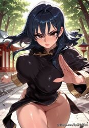1girl 2026 ai_generated anime anna_yamada bangs black_dress black_hair blue_hair boku_no_kokoro_no_yabai_yatsu boobs breasts brown_eyes china_dress chinese_clothes cleavage commando covered_nipples crossover dress explicit eye_contact female female_focus highres huge_breasts large_breasts lips long_hair long_sleeves looking_at_viewer no_panties nsfw outdoors patreon patreon_username pussy rognezart solo spread_pussy thick_thighs thighs tree very_long_hair yamada_anna
