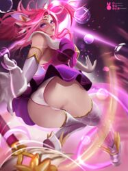 ass big_butt blush from_behind league_of_legends looking_at_viewer miraihikari panties star_guardian_lux star_guardian_series thighhighs underwear upskirt white_panties