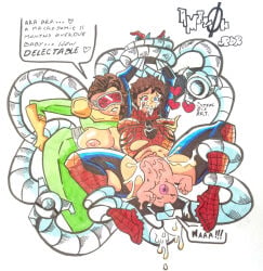 2girls amazonrider amniotic_fluid birth birthing birthing_fluids birthing_sex breast_grab breasts brown_hair clitoris crowning crying crying_with_eyes_open defeated defeated_heroine doctor_octopus doctor_octopus_(olivia_octavius) evil_smile exposed_breasts exposed_pussy forced forced_birth forced_yuri googles heterochromia lesbian long_hair marvel marvel_comics mayday_parker olivia_octavius postpartum_stomach pregnant pregnant_belly pregnant_female short_hair spider-girl spider-man_(series) tentacle tentacle_rape tentacle_sex tentacles tomboy torn_bodysuit torn_clothes traditional_media traditional_media_(artwork) villain_on_hero villain_on_heroine
