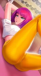 ass breasts hot_gym hot_gym_(iosapp) nutaku orange_legwear piercing pink_hair sandra_(hotgym) tagme white_shirt yoga_mat